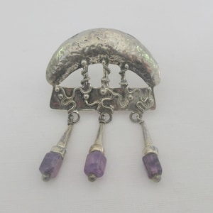 Modernist Artisan Made Sterling Silver Amethyst Dangles Brooch