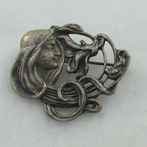 Art Nouveau Style Sterling Silver Woman Flowing Hair Brooch or Pendant