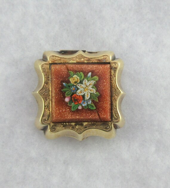 Antique Small 10k Gold Goldstone Floral Micro Mos… - image 1