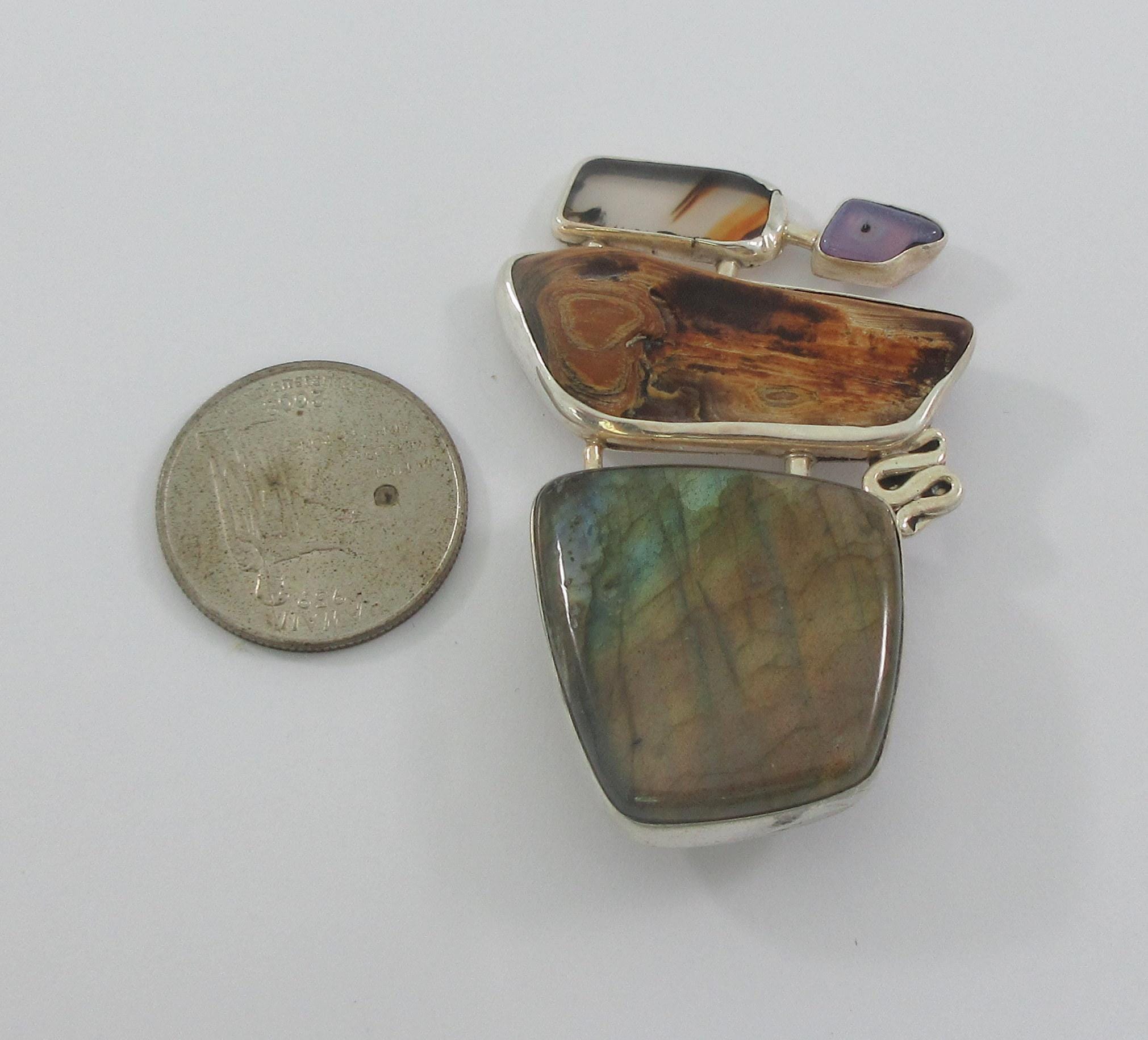 Singed GAW Sterling Silver Agate Labradorite Glass Brooch or