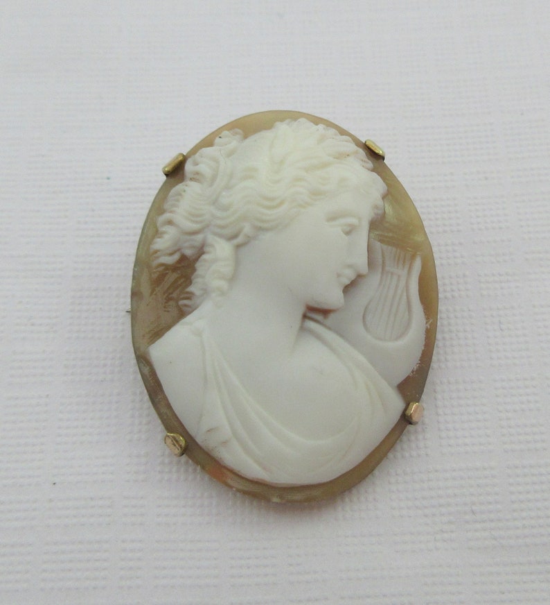Antique 9k Gold Muse with Lyre Cameo Pendant or Brooch