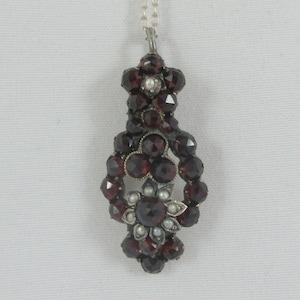 Antique Sterling Silver Seed Pearl Garnet Floral Pendant w. Sterling Silver Chain