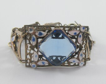 Uncleaned Neiger Brass Tone Blue Rhinestone Blue Glass Enamel Bracelet- As it is