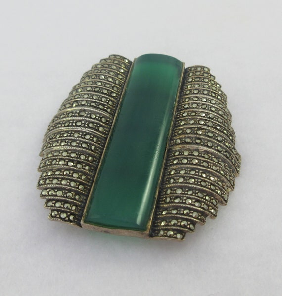 Large Art Deco Sterling Silver Chrysoprase Marcas… - image 5