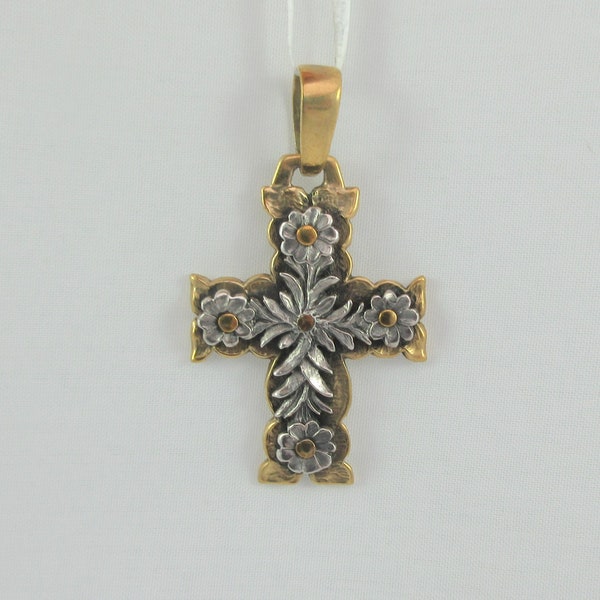 Signed Jeep Collins Sterling Silver Brass Floral Ornate Cross Pendant