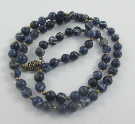 Sodalite Blue Stone Gold Tone Beads Necklace w. S… - image 4