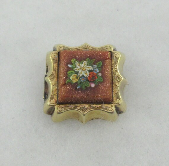 Antique Small 10k Gold Goldstone Floral Micro Mos… - image 3