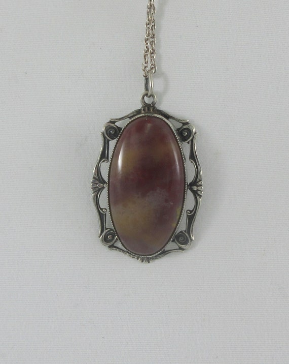 Art Deco Style Sterling Silver Agate Stone Pendant