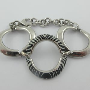 Italy Minimalist Sterling Silver Black Geometric Enamel Open Link Bracelet