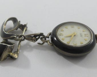 Atlanta Geneve Gold over 800 Silver Black Enamel Bow Nurse's Lapel Watch Brooch Pin- As it is