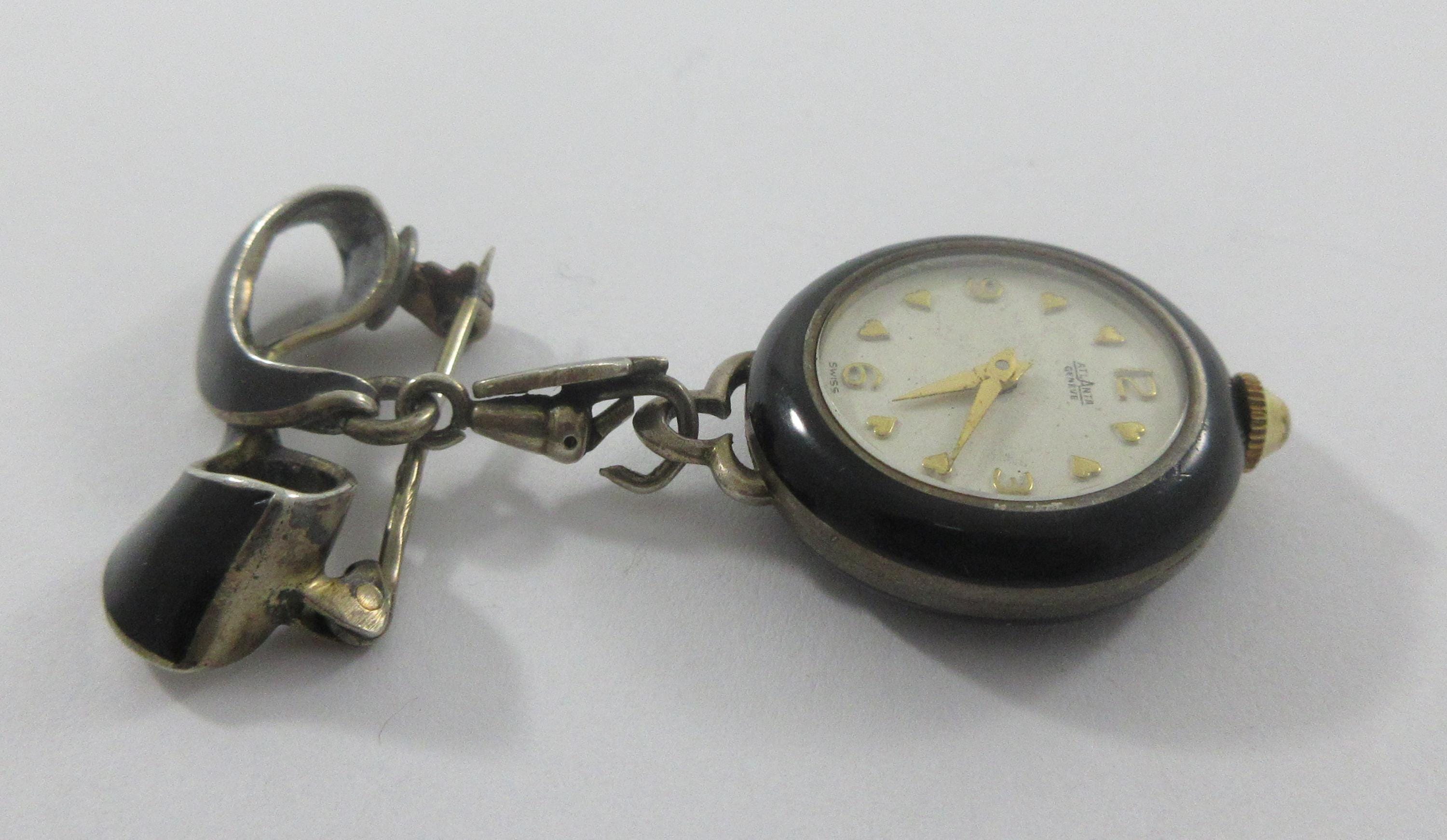 Atlanta Geneve Gold Over 800 Silver Black Enamel Bow Nurse display picture 1
