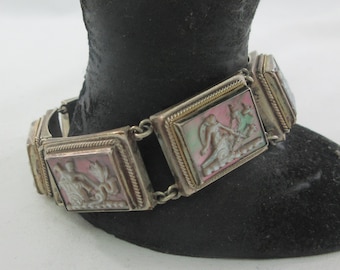 Pulsera de eslabones de concha de abulón tallada a mano en plata 800, 7 paneles con. Caja