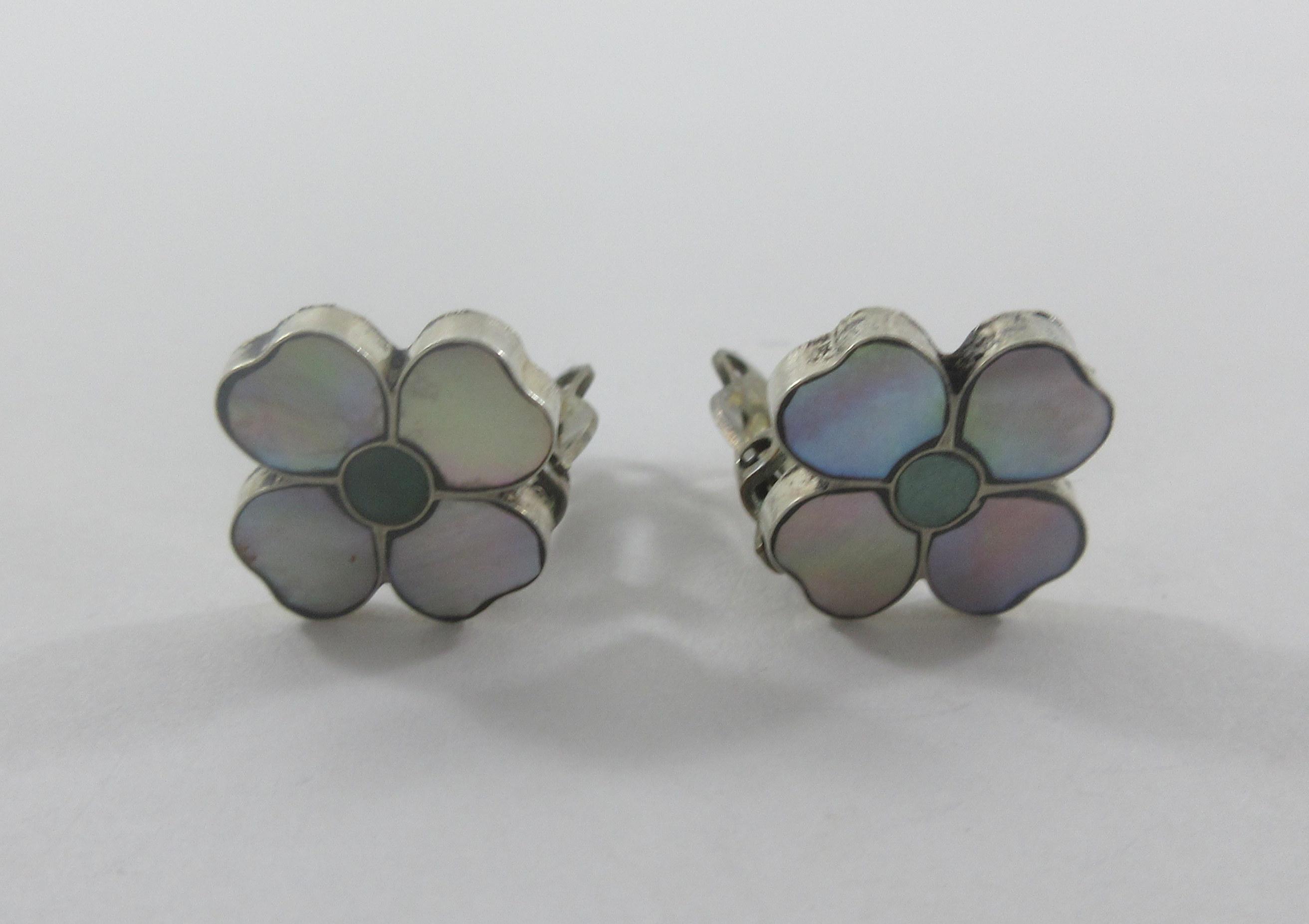 Boucles D'oreilles Clip Argenté Avec Marcassites Et Nacre - Occasion