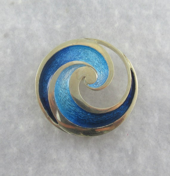 Sterling Silver Blue Enamel Swirl Open Brooch - image 5