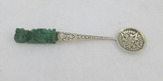 Mexico 850 Silver Carved Green Glass Aztec/Maya Motifs Spoon 