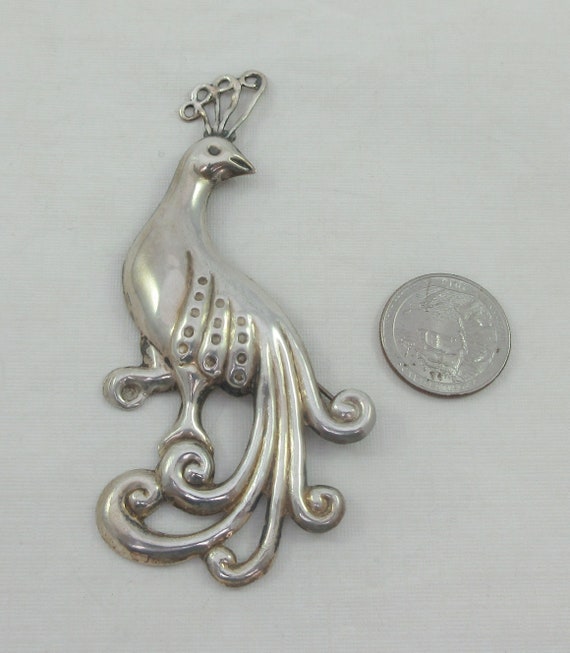 Large Sterling Silver Repousse Peacock Brooch - image 2