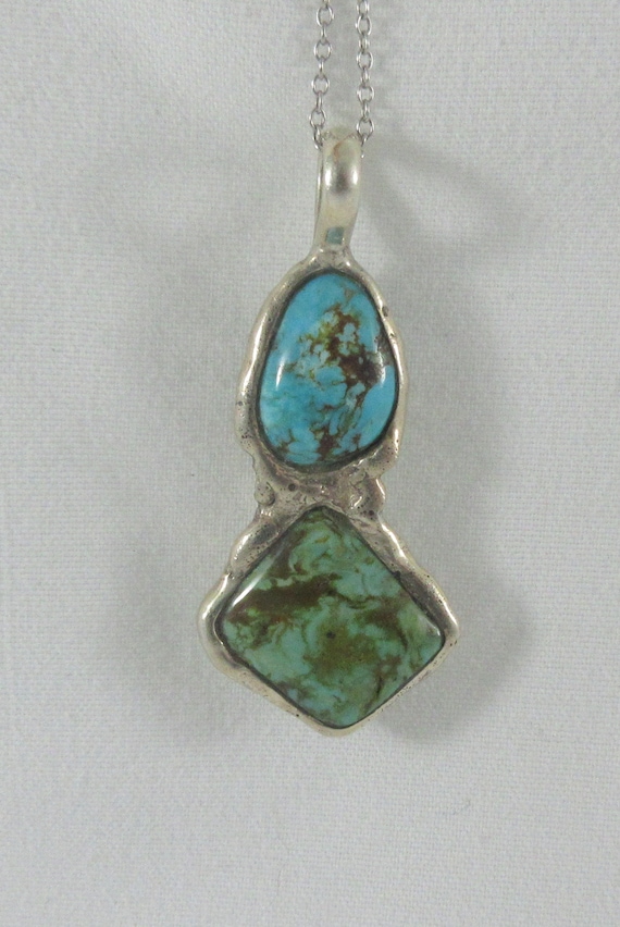 Sterling Silver Double Turquoise Pendant w. Sterli