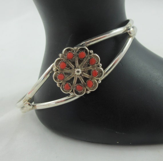 Mexico Sterling Silver Red Glass Floral Cuff Brac… - image 1