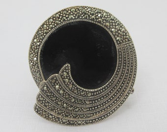 Large Round Art Deco Style Sterling Silver Marcasite Onyx Brooch Pin- AS IT IS