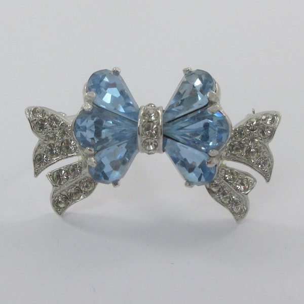 Signed EISENBERG Silver Tone Blue Glass Clear Rhinestone Bow  Brooch