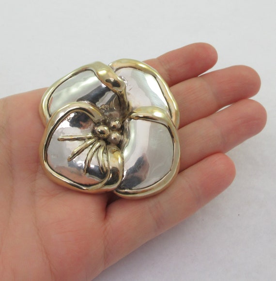 Large Vermeil Sterling Silver Pansy Flower Brooch… - image 6