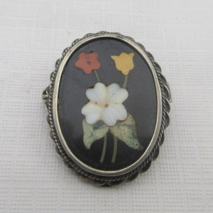 Small 800 Silver Floral Pietra Dura Mosaic Filigree Brooch or Pendant