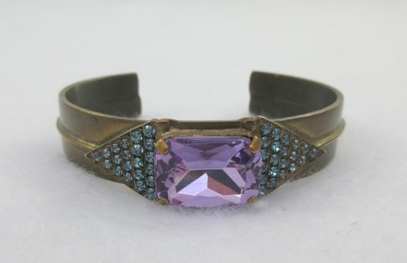 Signed Sorrelli Purple Glass Blue Rhinestone Cuff… - image 5