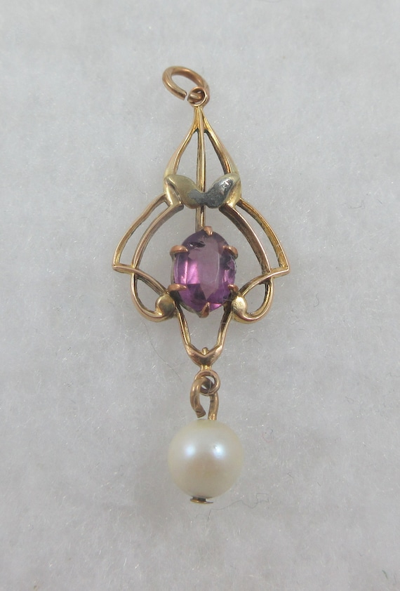 Art Deco Gold Filled Purple Glass Faux Pearl Penda