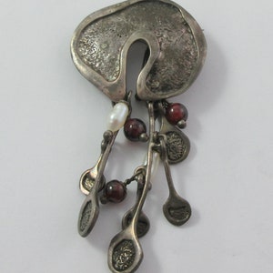 Modernist Sterling Silver Garnet Rice Pearl Dangle Brooch or Pendant