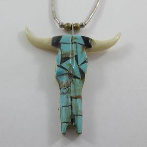 Santo Domingo Sterling Silver Multi Stone Inlay Longhorn Skull Pendant Necklace