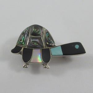 Southwestern Sterling Silver Turquoise Inlay Turtle Brooch or Pendant