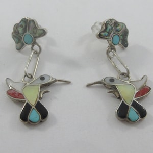 Southwestern Sterling Silver Bird Hummingbird Multi Inlay Stud Dangle Earrings