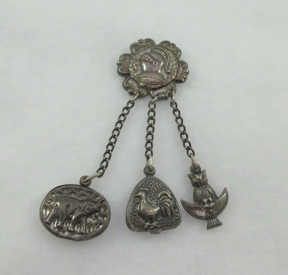 Signed JERAY Silver Tone Chatelain Style Owl Roos… - image 1