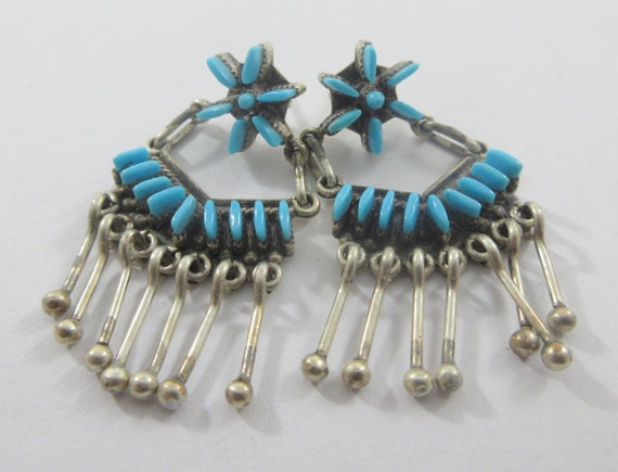 Zuni Sterling Silver Floral Turquoise Stud Dangle Earrings View 3