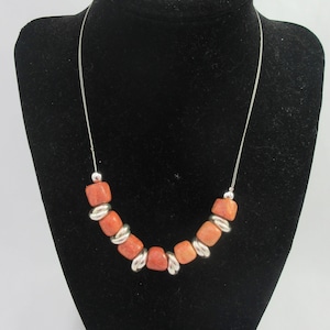 Boho Red Orange Ceramic Beads & Sterling Silver Hoops Necklace