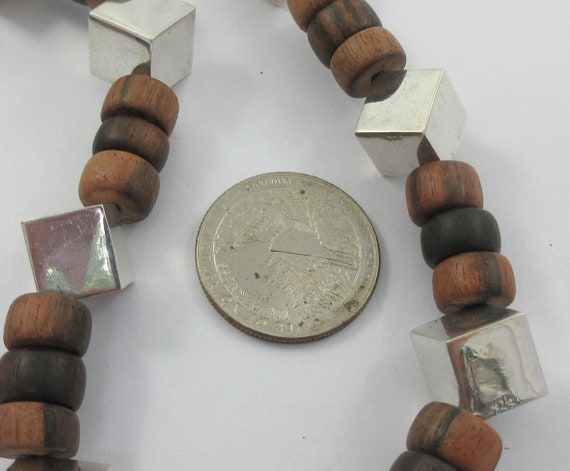 Modernist Wood Beads Sterling Silver Cubes Choker… - image 2