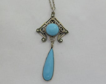 Art Deco Sterling Silver Blue Glass Marcasite Pendant w. Sterling Silver Chain