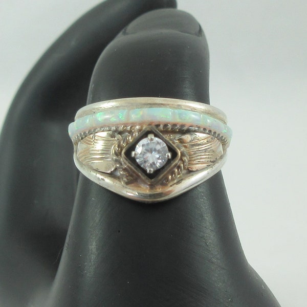 Navajo Signed S. Ray Sterling Silver Opal Rhinestone Ring- Size 8.75-9