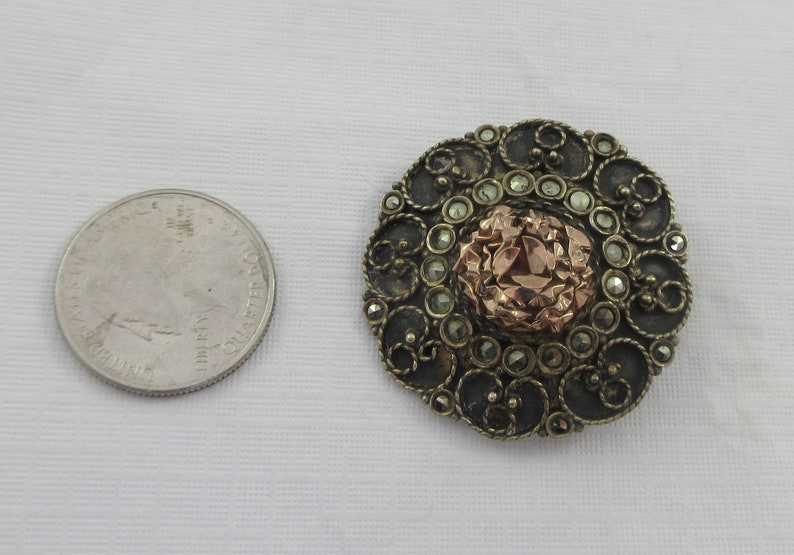 Sale Edwardian 800 Silver and 9K Gold Marcasite Floral Round Brooch