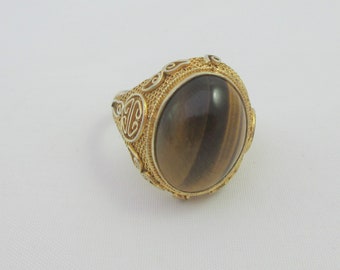 Adjustable Chinese Export Gold over Sterling Silver Filigree Tiger Eye Ring- size 7.5