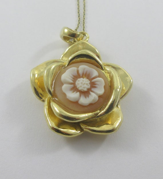 Gold over Sterling Silver Shell Floral Cameo Pendant w. Gold over Sterling Chain
