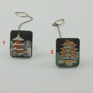 Japan Toshikane Porcelain Pagoda Temple Tie Tacks