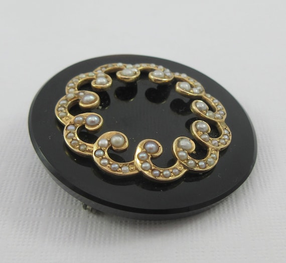 Antique Victorian Onyx Seed Pearls Mourning Round… - image 3