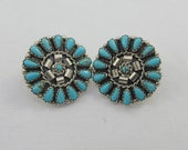 Zuni Large Sterling Silver Floral Petit Point Turquoise Studs Earrings