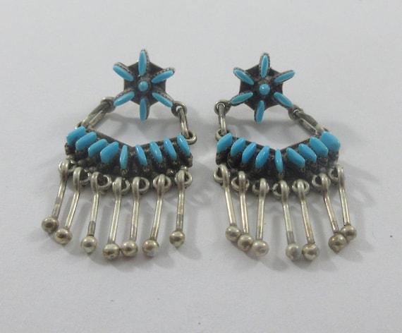 Zuni Sterling Silver Floral Turquoise Stud Dangle Earrings
