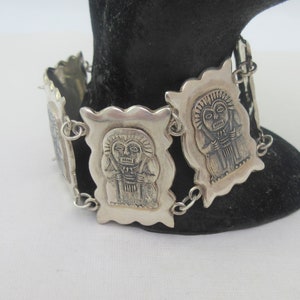 900 Silver Mayan Aztec Figure Wide Panels Bracelet
