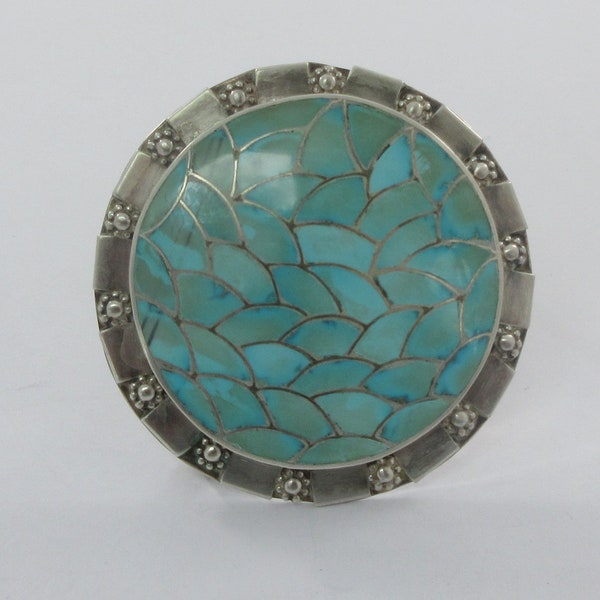 Zuni Carmichael Haloo Sterling Silver Turquoise Inlay Brooch or Pendant