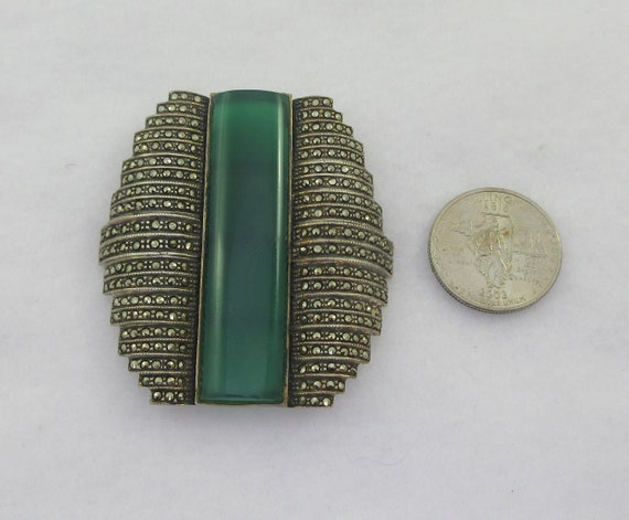 Large Art Deco Sterling Silver Chrysoprase Marcas… - image 2