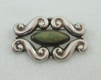 Mid Century Mexico Sterling Silver Jasper Swirls Brooch