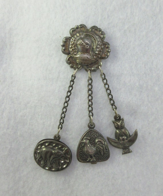 Signed JERAY Silver Tone Chatelain Style Owl Roos… - image 9